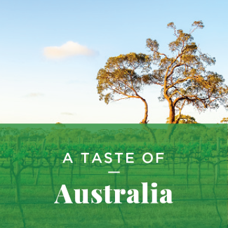 A vineyard with a single old tree in the background. Text: Taste of Australia