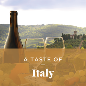 A bottle of wine with two wine glasses with a vineyard in the background. Text: Taste of Italy  aste of Italy