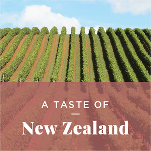 A vineyard on a hill. Text: Taste of New Zealand