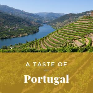 A vineyard in a river valley. Text: Taste of Portugal