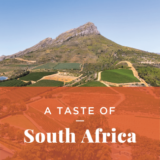 A vineyard with a mountain in the background. Text: Taste of South Africa