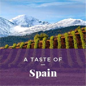 A hilly vineyard with mountains in the background. Text: Taste of Spain