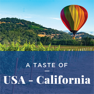 Hot air balloon over a vineyard. Text: Taste of California