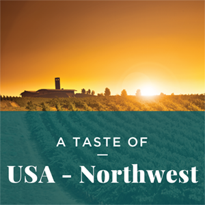 A vineyard at sunset. Text: Taste of USA Northwest