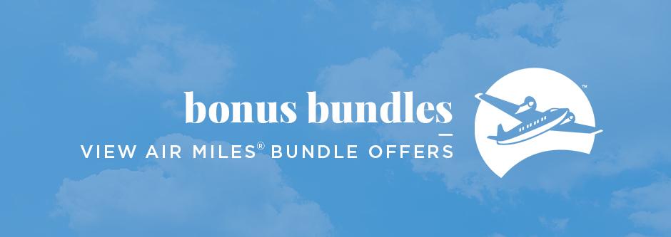 Air Miles logo over a blue sky with clouds. text: Bonus Bundles View Air Miles Bundle Offers